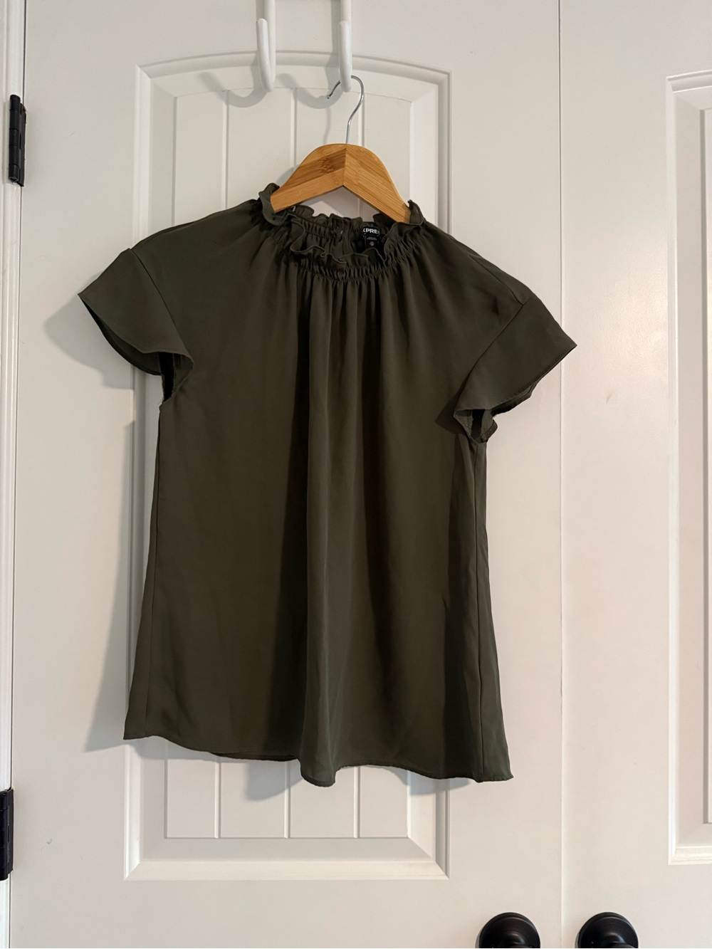 Express Olive Green Ruffle Neck Flutter Sleeve Blouse